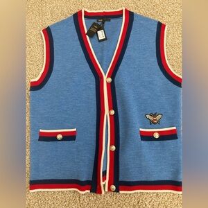 Maje Blue Knit Vest with Red and White Accents